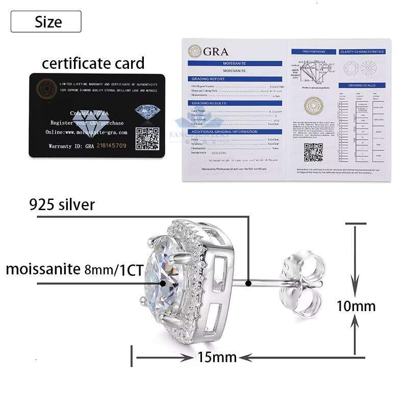 GRA Certified Round Minimalism 925 Sterling Silver Men Women 0.5ct 1ct 2ct D VVS1 Moissanite Diamond Stud Earrings
