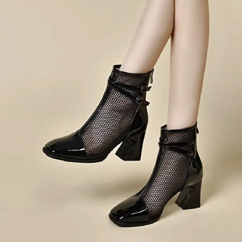 Womens Fashionable Square-toe Mid-heeled Ankle Boots. Lightweight and Comfortable. Hollow-out Mesh n. 250411