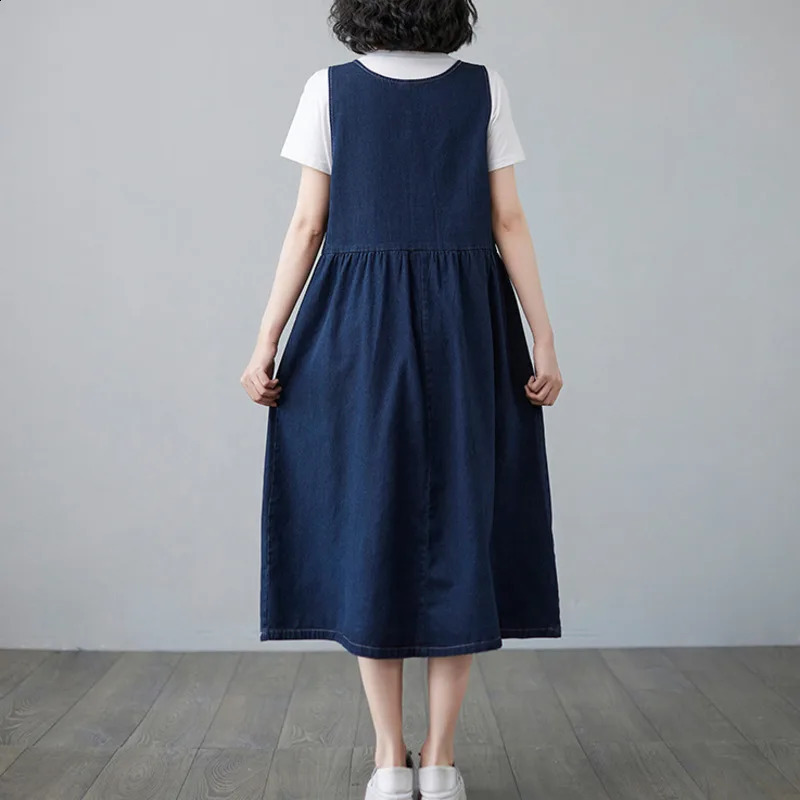 Wxw2101 SpringSummer Denim Jacket Womens Sleeveless Aline Jeans Vneck Single Chest Midi Dress 250411
