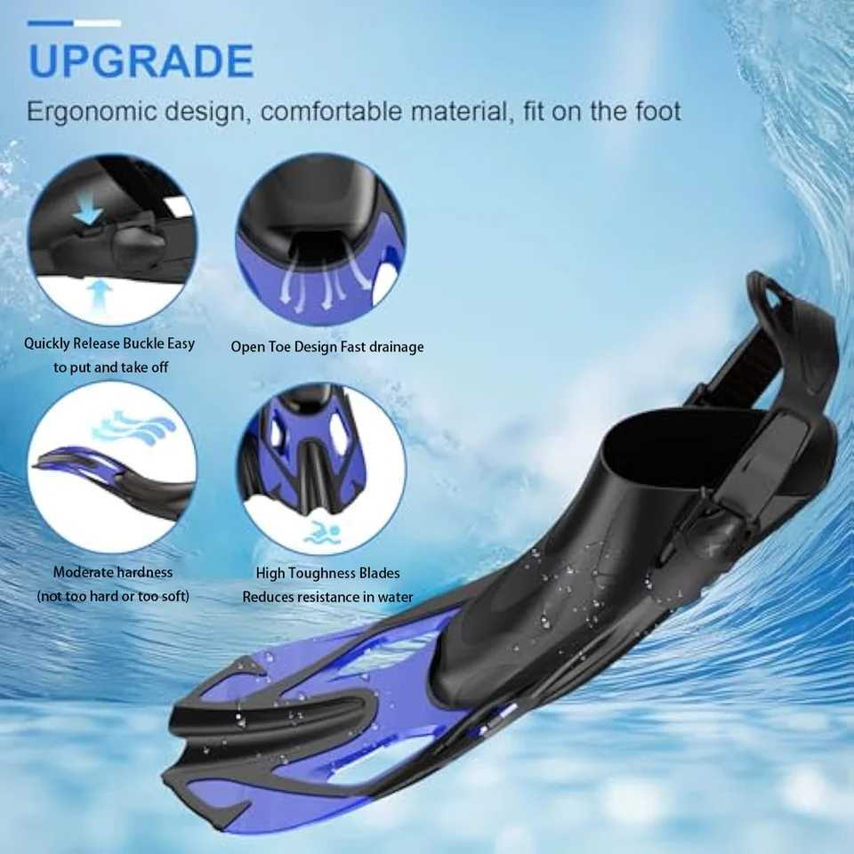 Inflatable fins swimming fins adjustable buckle swimming flip cover short silicone adhesive lung diving shoes open heel travel size for beginnersY2504