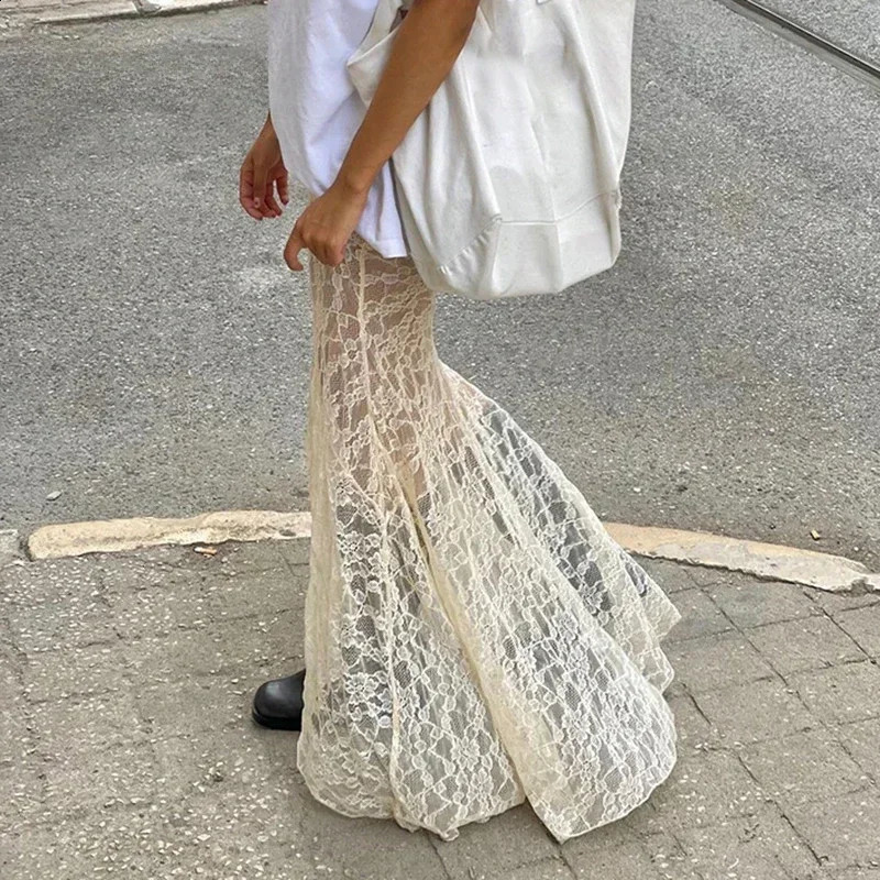 Two Layer Lace Trumpet Mermaid Long Skirts For Women Vintage Elegant Fashion High Waist Skirt Holiday Outfits 250411