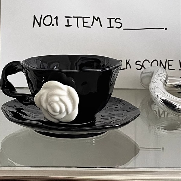 Designer Irregular Camellia Bone China Luxury Cup Set, Elegant Coffee Cups, High-End Ceramic Mugs with Saucers, Complete Set, Sophisticated Gift