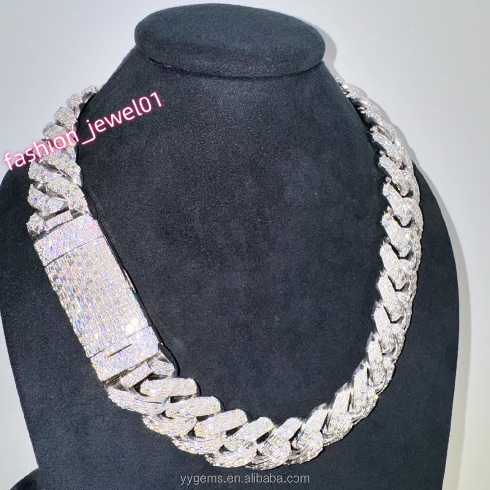 Yu Ying Custom 20mm Men Full Emerald Cut VVS Moissanite White Gold S925 Silver Cuban Link Chain Necklace Hip Hop Jewelry