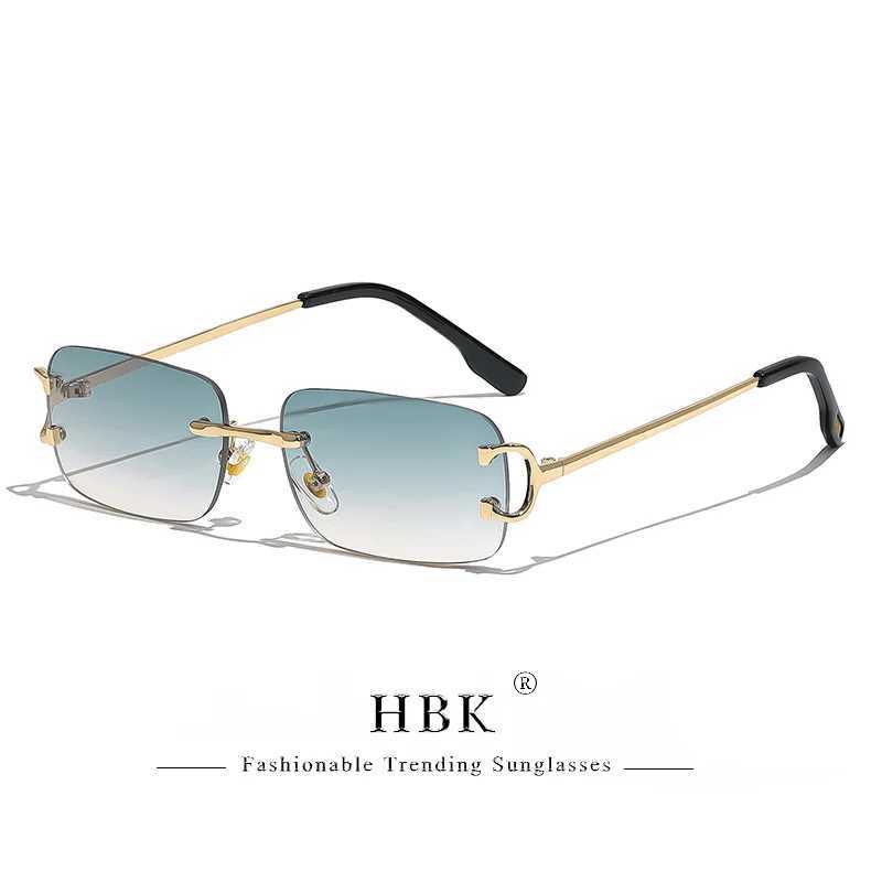 HBK Retro Rimless Sunglasses For Women Men Small Square Gold Frame Brand Design Tea Shades Rectangle UV400 Zonnebril EyewearC250411