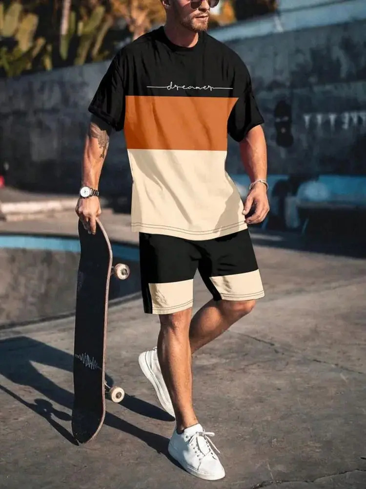 2025 mens short sleeved sports shorts two-piece casual set street diary Harajuku loose digital print summer style 250407