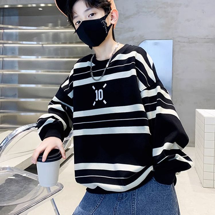 Ddmyshoesvip Boys Autumn Striped Hoodie New Cool And Handsome Boy Loose Round Neck Long Sleeved T Shirt Korean Version Thin Top