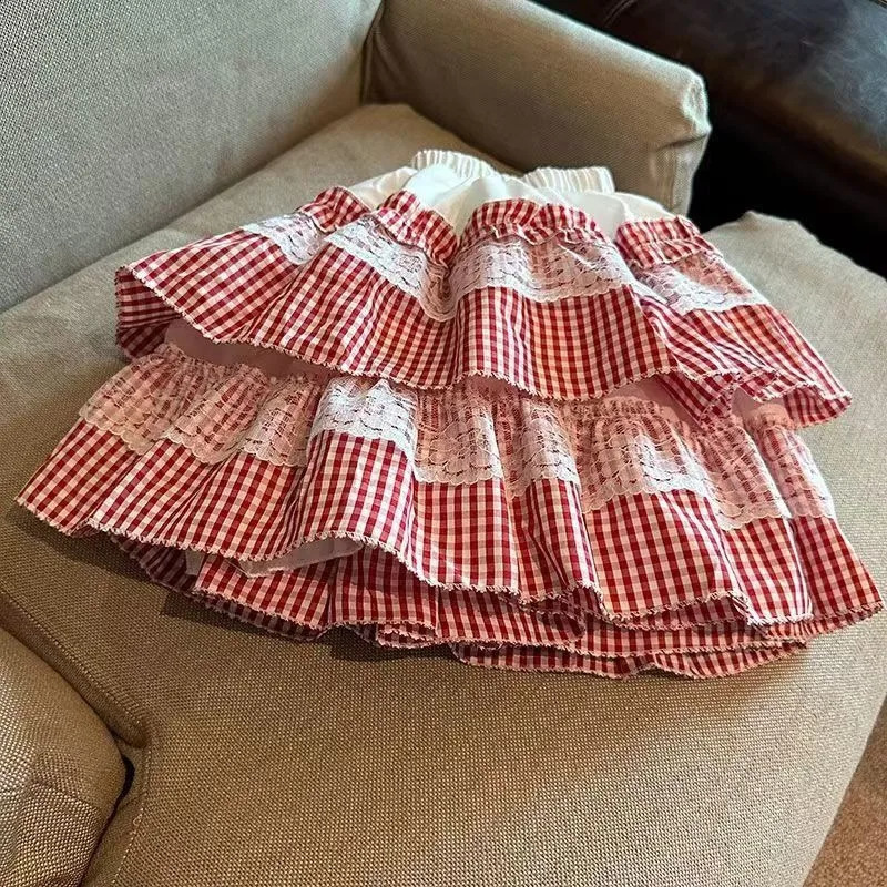 Sexy sweet lace plaid puffy skirt for women American summer casual simple color block cake slim high waist skirt for s 2025 250411