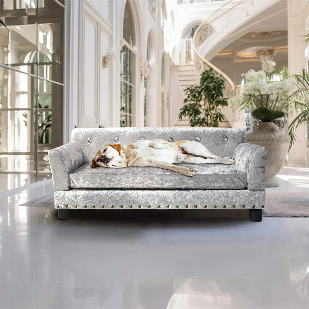 Luxury dog sofa bed with silver Dutch velvet decoration equipped with detachable pads suitable for medium to large dogs X250412