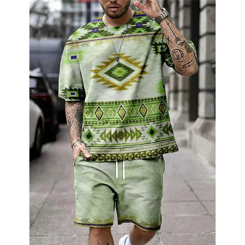 Summer retro ethnic style mens shorts set casual T-shirt+shorts 2PCS set 3D printed mens oversized O-neck sports shirtXJ250412