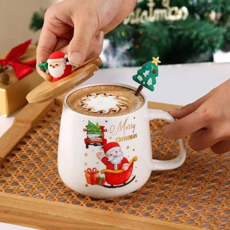 Christmas Christmas cartoon cute gift creative Santa cup ceramic spoon with lid souvenir mug Y251112