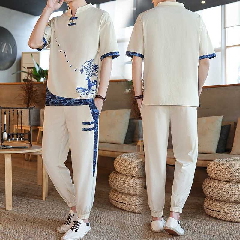 Shirt+pants Summer cotton linen shorts pullover mens casual suit mens fashion mens shirt M-4XL TZ020XJ250412