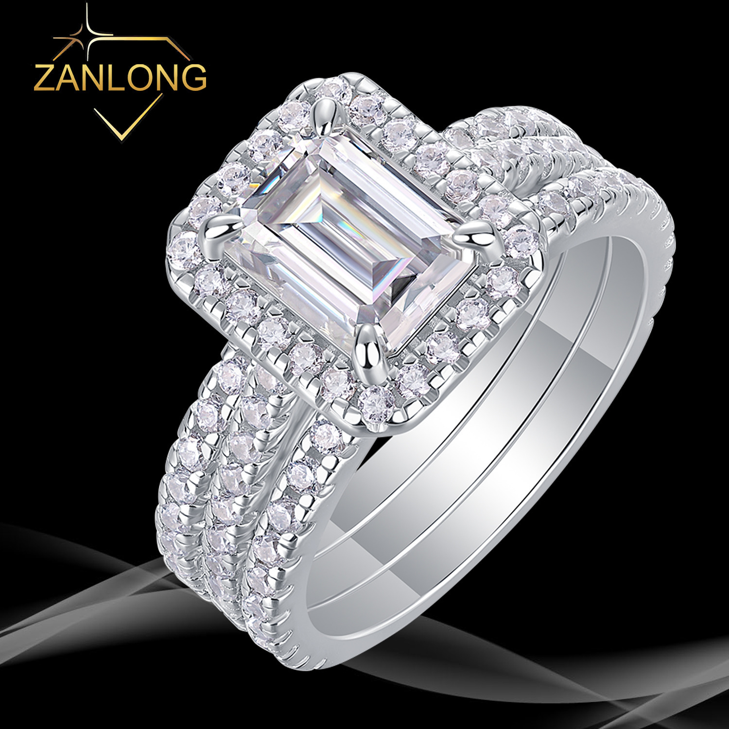 Zanlong Emerald Cut Moissanite Ring Set GRA Certified Moissanite S925 Sterling Silver Luxury Wedding Jewelry for Women