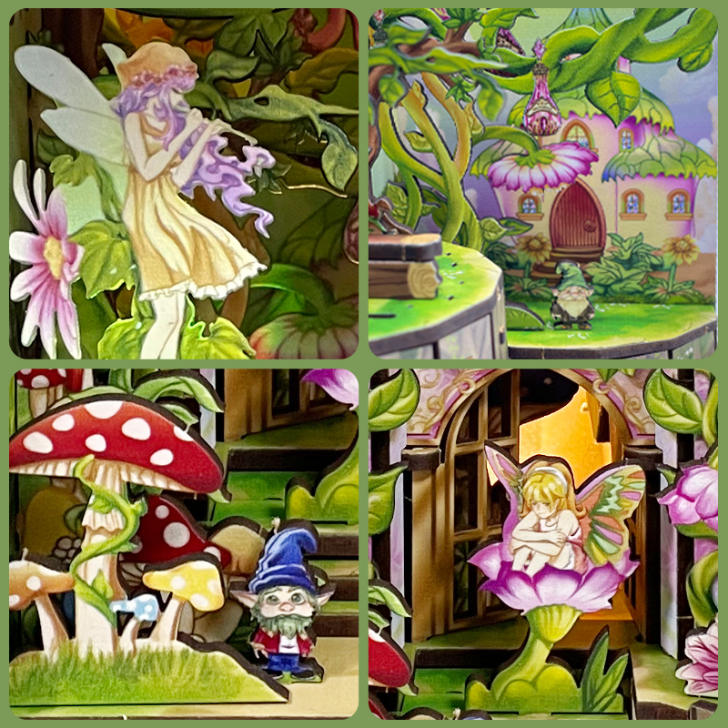 Jungle Elves & Unicorn Themed DIY Assembled Bookend, Exquisite Wooden Craft with LED Light Effect, Creative Bookshelf Insert Decor-L0319P