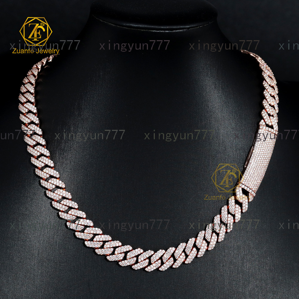 Factory Custom Classic Cuban Link Chain Pass Diamond Tester Rose Gold Bent Buckle 925 Silver Moissanite Cuban Necklace