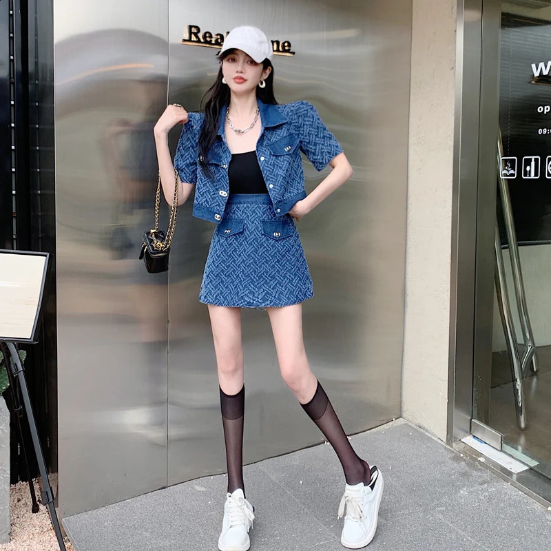 Small Fragrant Style Denim Skirt Suit Summer Womens Stylish Skirts 2 Pieces Sets Women Outfits Two-piece Ladies Outfit Set 250411