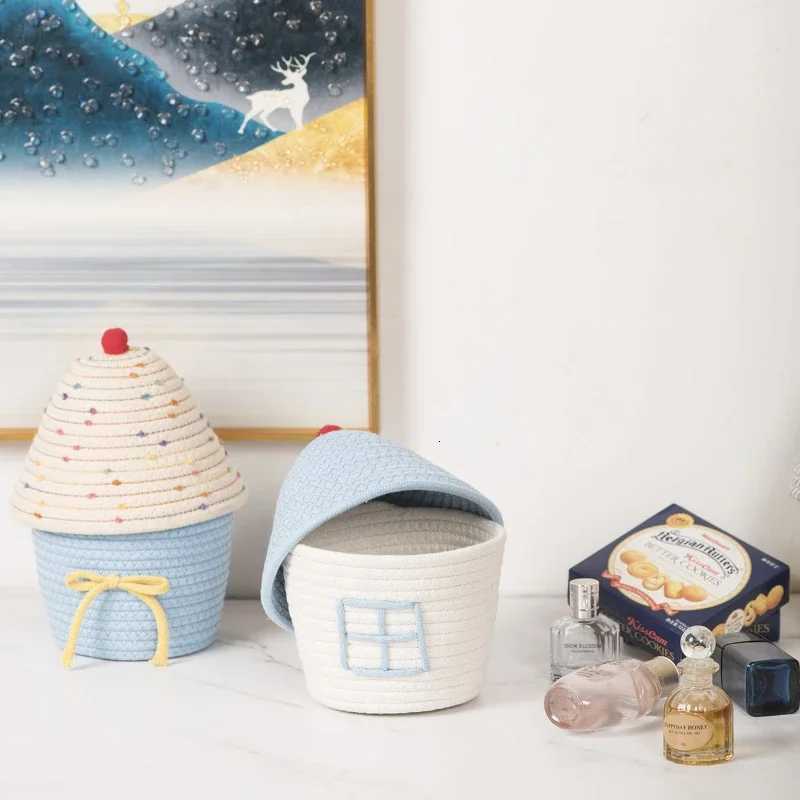 Cute covered small house with cotton thread storage basket he miscellaneous storage box desktop coffee table storage basket Y251112