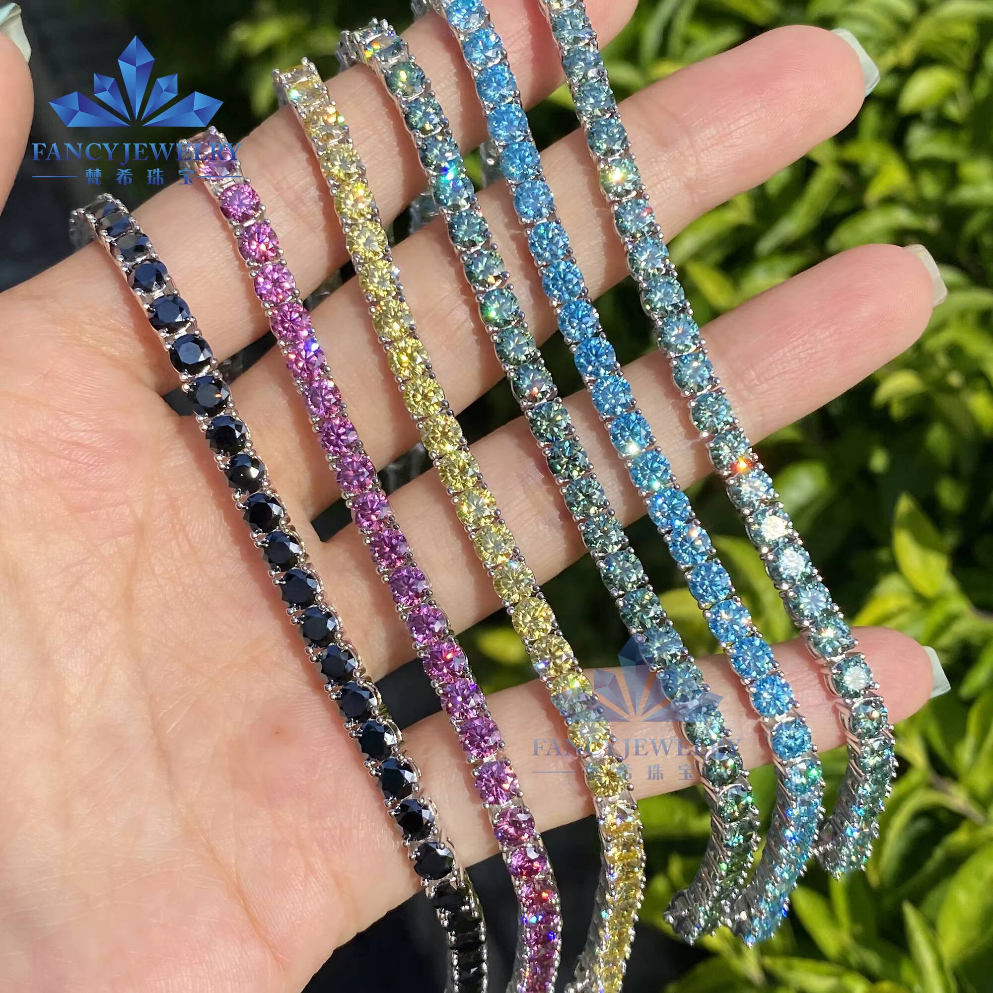 FancyJewelry Hip Hop 925 Sterling Silver VVS Moissanite Diamond 3mm Moissanite Tennis Bracelet Black Blue Blue-Green Yellow Pink