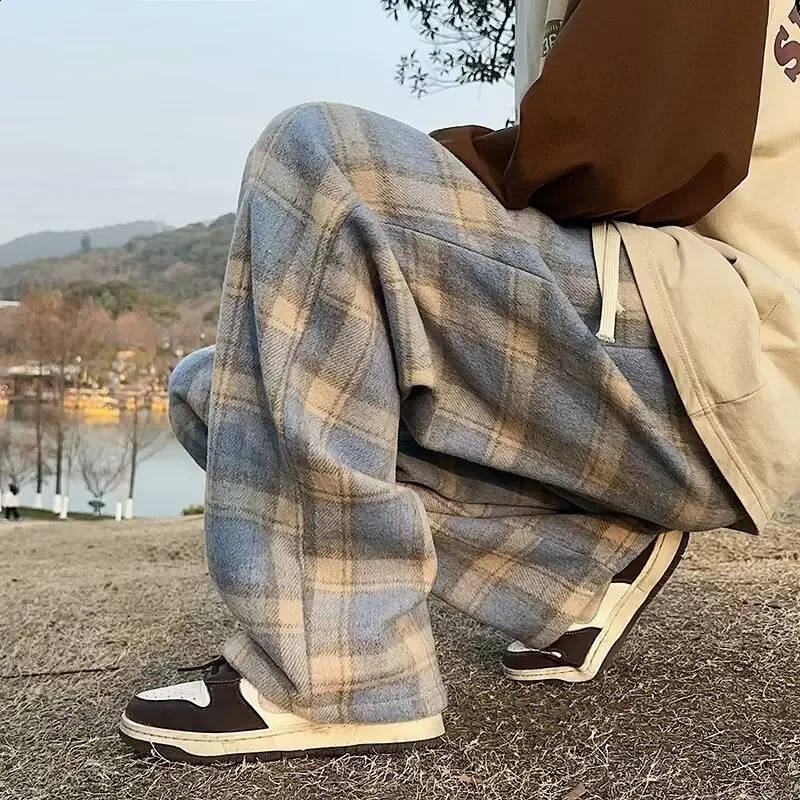 Retro American coarse tweed plain weave mens pants loose straight wide leg casual mens Trouser fashion punk rock streetwear 250410