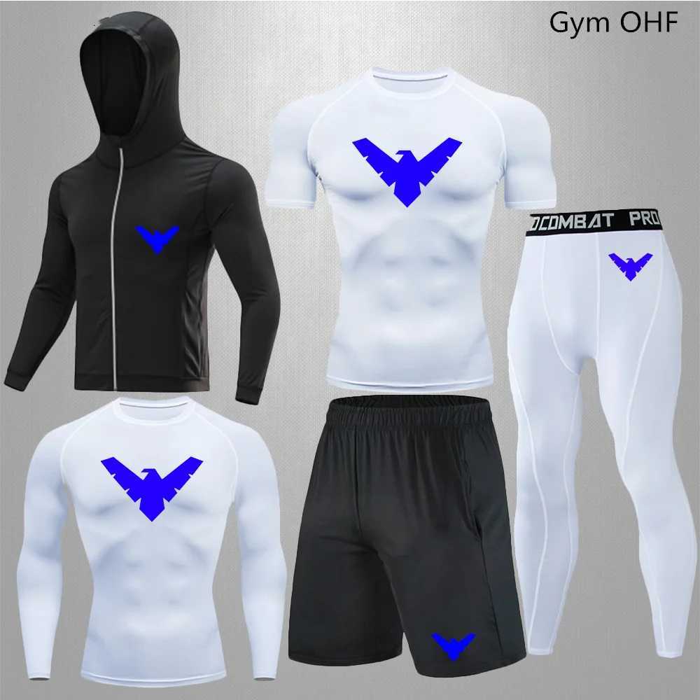 Nightwing Mens Track and Field Wear T-shirt+Pants Set Mens Long Sleeve Compression Shirt Set Fitness MMA Rashguard Sportswear W250412