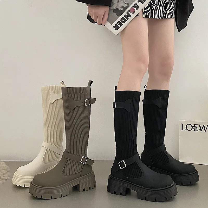 Long Boots Women Knitted Elastic Boots Retro Thick-soled Womens High Boots Knee-length Boots Elegant Boots and Women shoes 250411