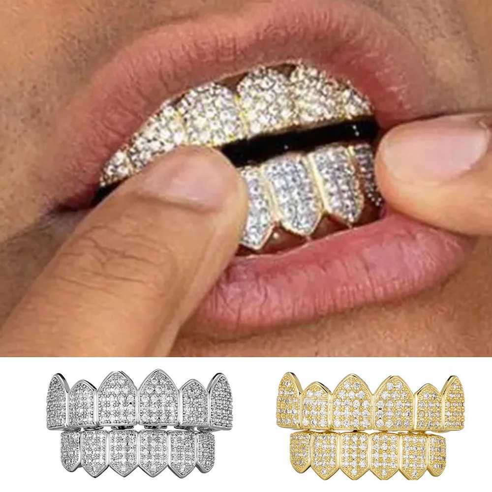 YONGX Top Bottom Ice Out Full CZ Stone Teeth Grillz Fangs Punk Hip Hop Cube Zircon Tooth Hat W250412
