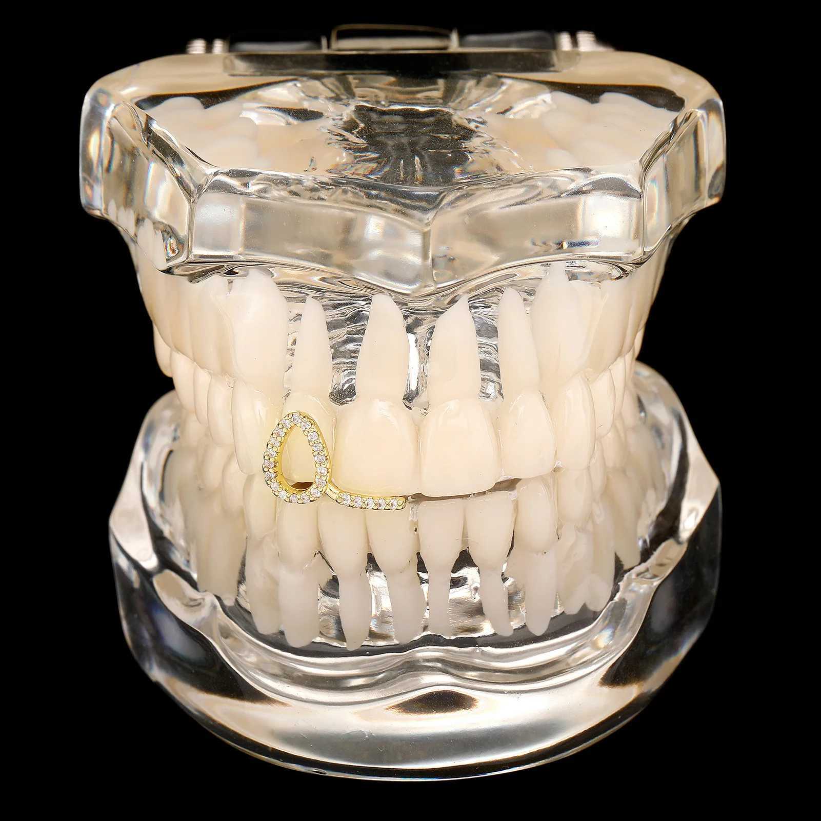 RACHELZ Gold Silver Horizontal Rod Hollow Flame Zircon Teeth Matte Hip Hop CZ Stone Teeth Matte W250412
