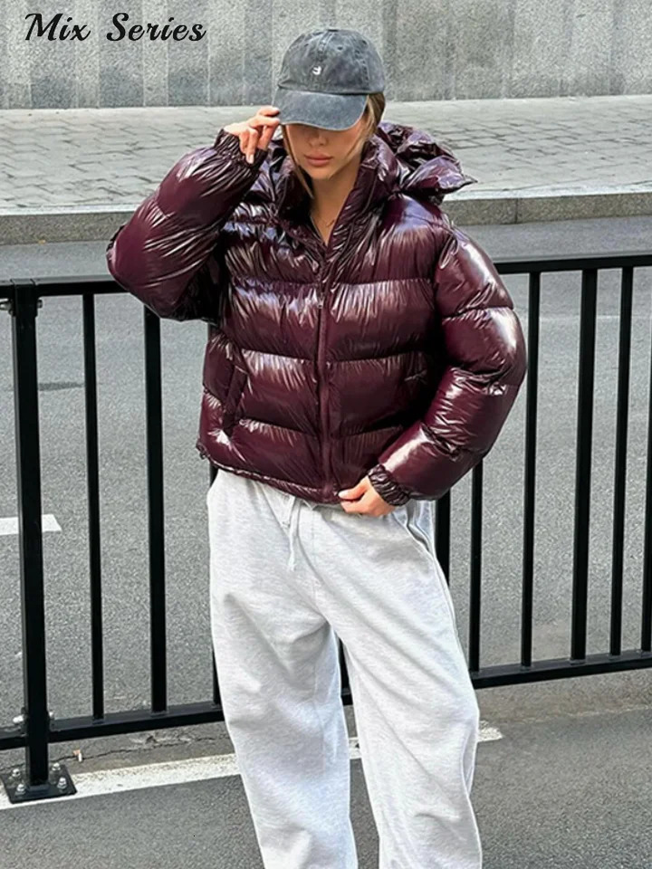 Fashion Glossy Padded Jacket Womens Solid Hooded Long Sleeve Warm Down Coat Autumn Winter Lady Casual Outerwear 251111