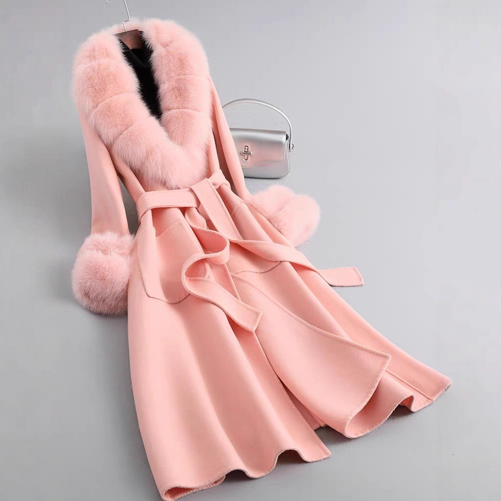 Fashionable womens winter handmade double-sided 100% wool red real fox fur collar long warm womens wool coat 241205