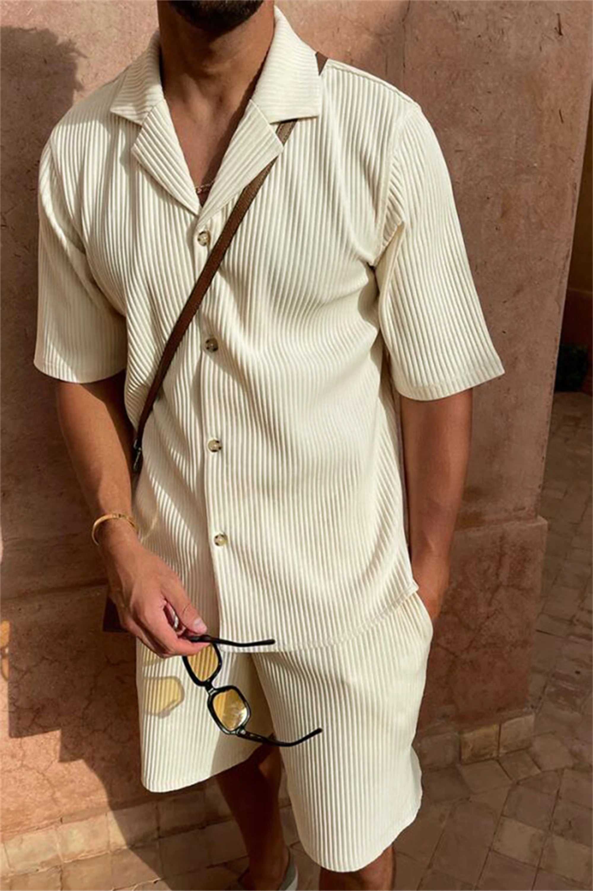 Spring/Summer Solid Color Corduroy Short Sleeve Shirt and Short Stretch Beach Casual SetXJ250412