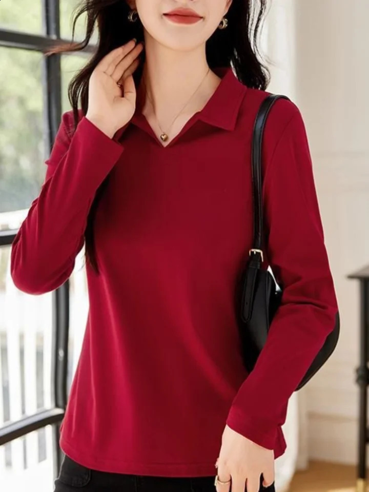 Womens fashion casual daily solid color long sleeve POLO shirt suitable for spring and autumn knitted tops. 250411