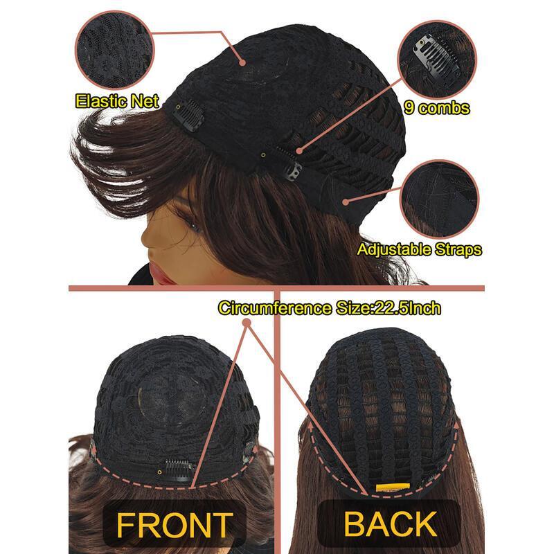 Medium-length wavy straight hair fully hine-made 26 inches Heat-resistant fiber high-temperature silk wig dyeable and soupable bangs synthetic wig. en