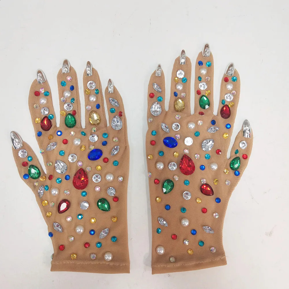 Nude Mesh Bling Rhinestones Wedding Gloves Crystal Transparent Long Mittens Female Singer Performance Stage Accessories 250408