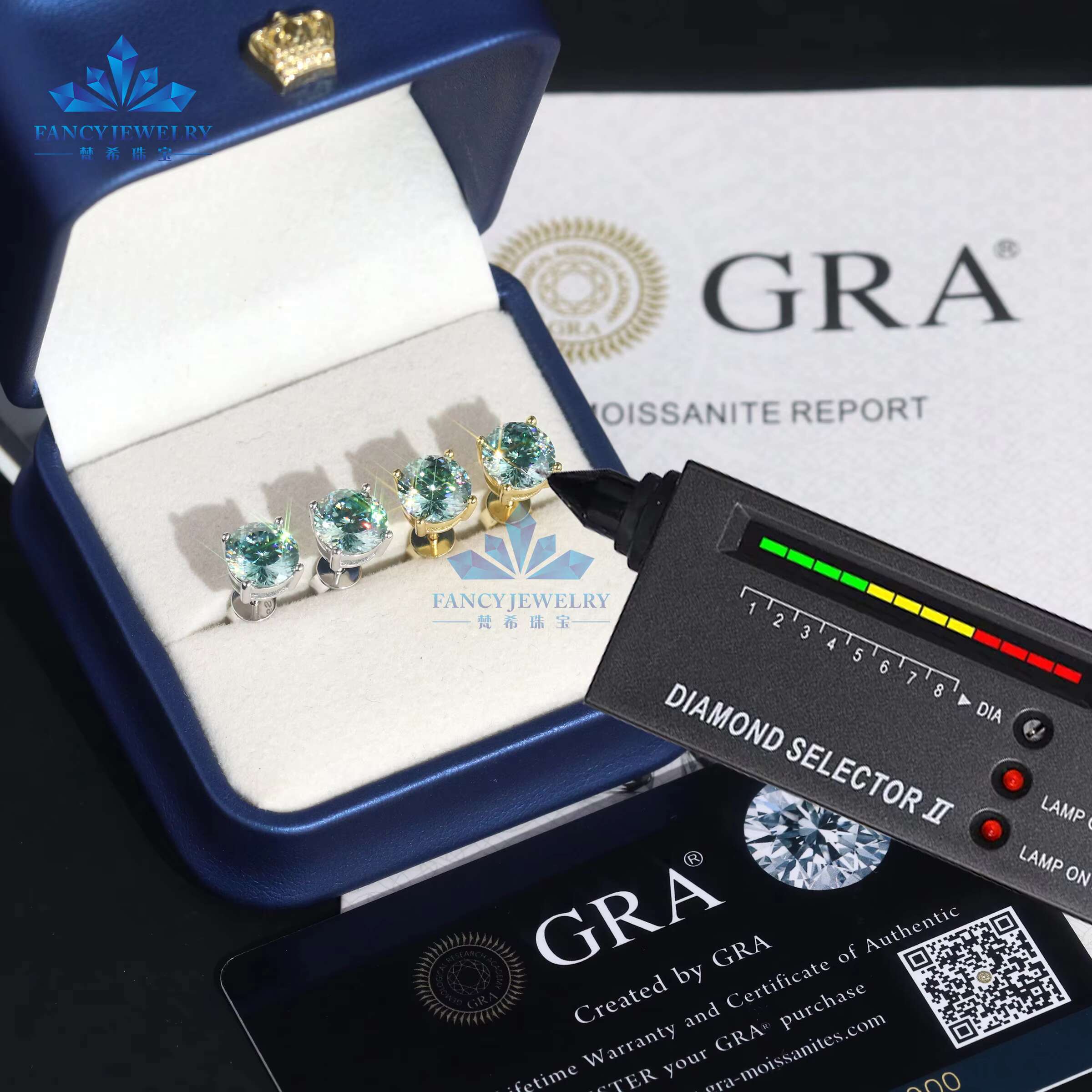 Professional Technology 925 Sterling Silver Stud Earrings 8mm Moissanite with Round Portuguese Cut Blue-Green Fine Jewelry
