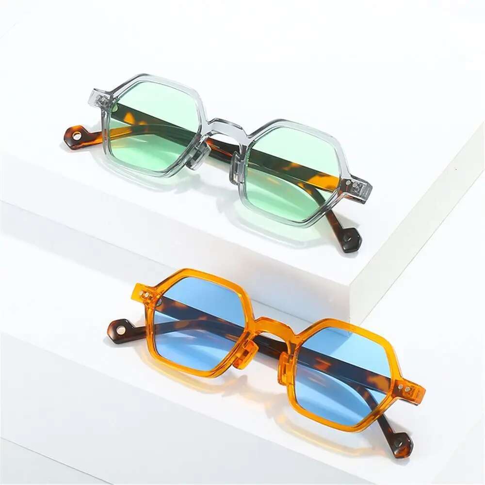 Retro Polygon Square Sunglasses Vintage Y2K Hexagon Shades Clear Ocean Lens Rivets Sun Trendy UV400 Glasses for Unisex
