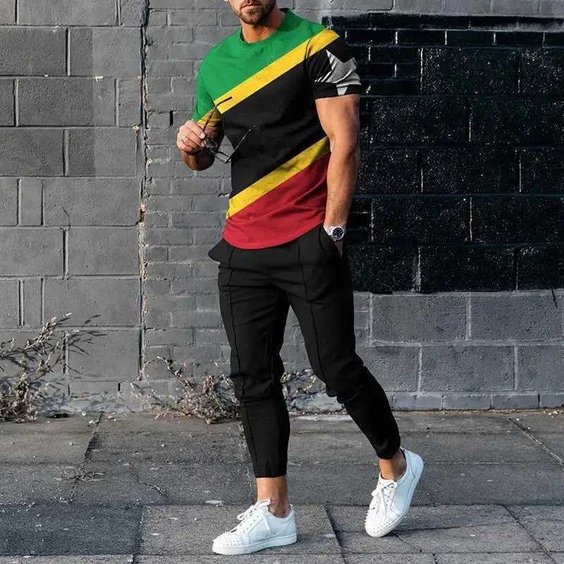 Fashion casual striped 3D printed mens sportswear set short sleeved T-shirt pants 2-piece set oversized floral mens clothingXJ250412