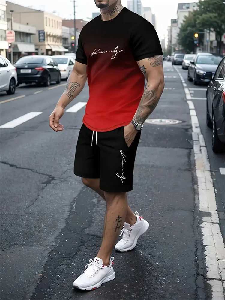 2025 New Summer Mens Sportswear Mens Loose Fashion Clothing 3D Printed T-shirt Mens Simple Fashion Set LiXJ250412