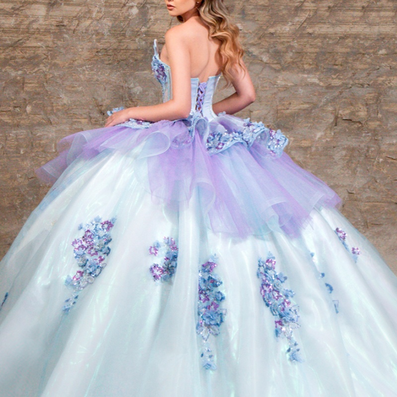 Sky Blue Shiny Princess Quinceanera Dresses Off Shoulder Beads Applique Flower Tull Sweet 16 Dress Ball Gown Vestidos 15 Anos