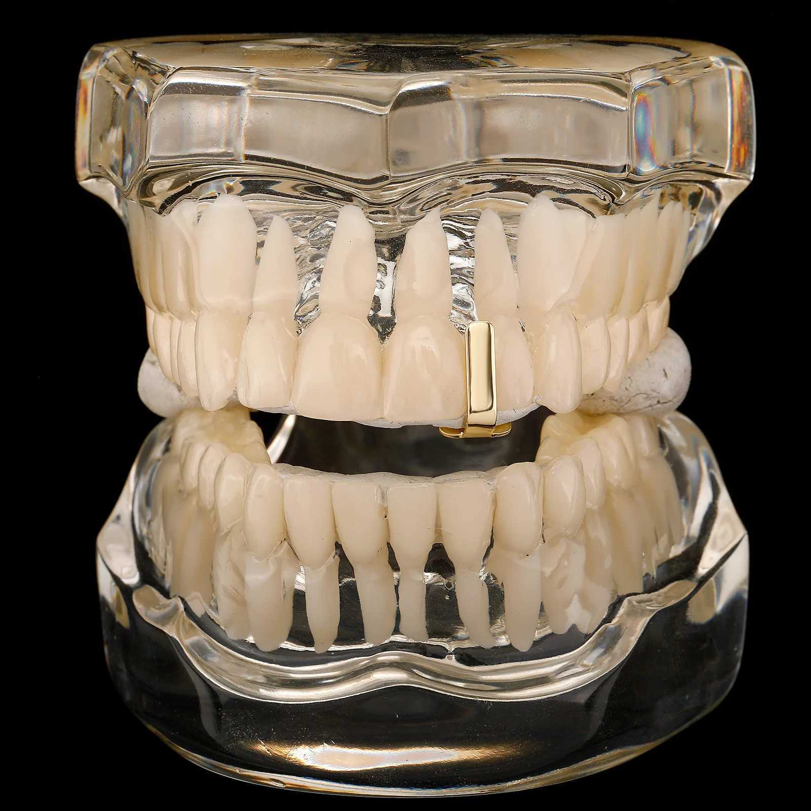 YONGX Hip Hop Simple Smooth Long Rod Teeth Grilz 14K Gold Plated Upright Bar Tooth Cap W250412