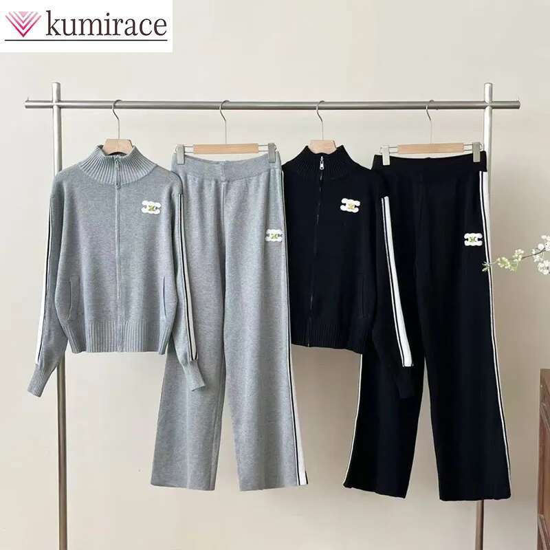 2024 Slim Fit Knitted Two-Piece Sports Style Zipper Top And Wide Leg Pants Multifunctional High-End Set New Repair