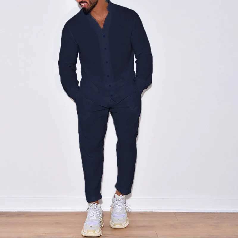 European and American mens new casual suit mens 100% pure cotton monochrome autumn fashion loose long sleeved shirtXJ250412