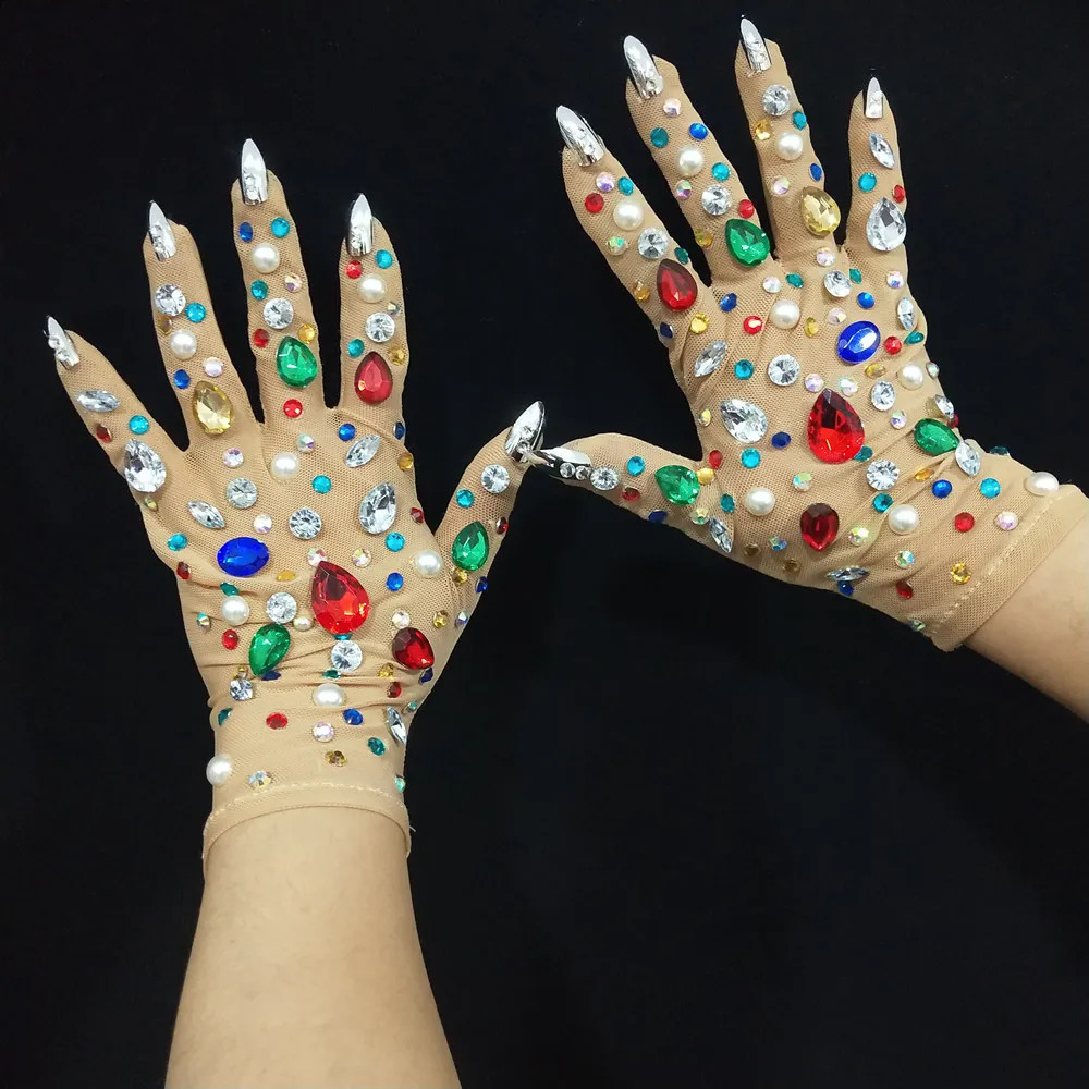 Nude Mesh Bling Rhinestones Wedding Gloves Crystal Transparent Long Mittens Female Singer Performance Stage Accessories 250408