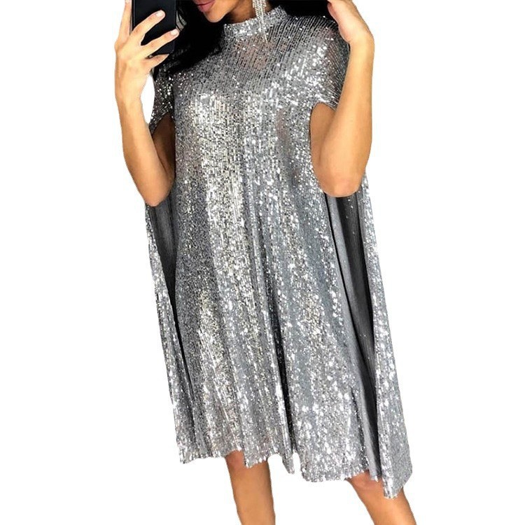 (558) Summer new style small stand collar sequined dress loose women's clothing