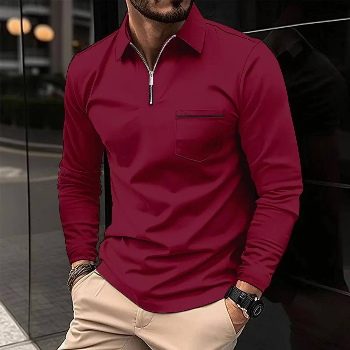 2024 Spring Autumn Solid Color Long Sleeve Polo Shirt Zipper Pocket Lapel Mens Casual Sports Long Sleeve Top Men 250409