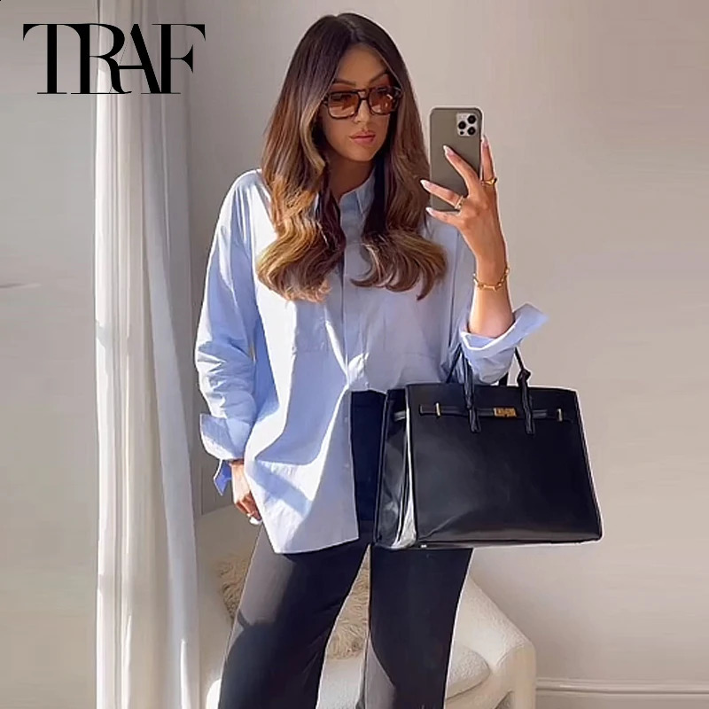 TRAF Women Shirts Blouses Spring Summer 2025 Blue Oversized Shirt Button Up Long Sleeve Blouses Chic Casual Tops Shirts 250411
