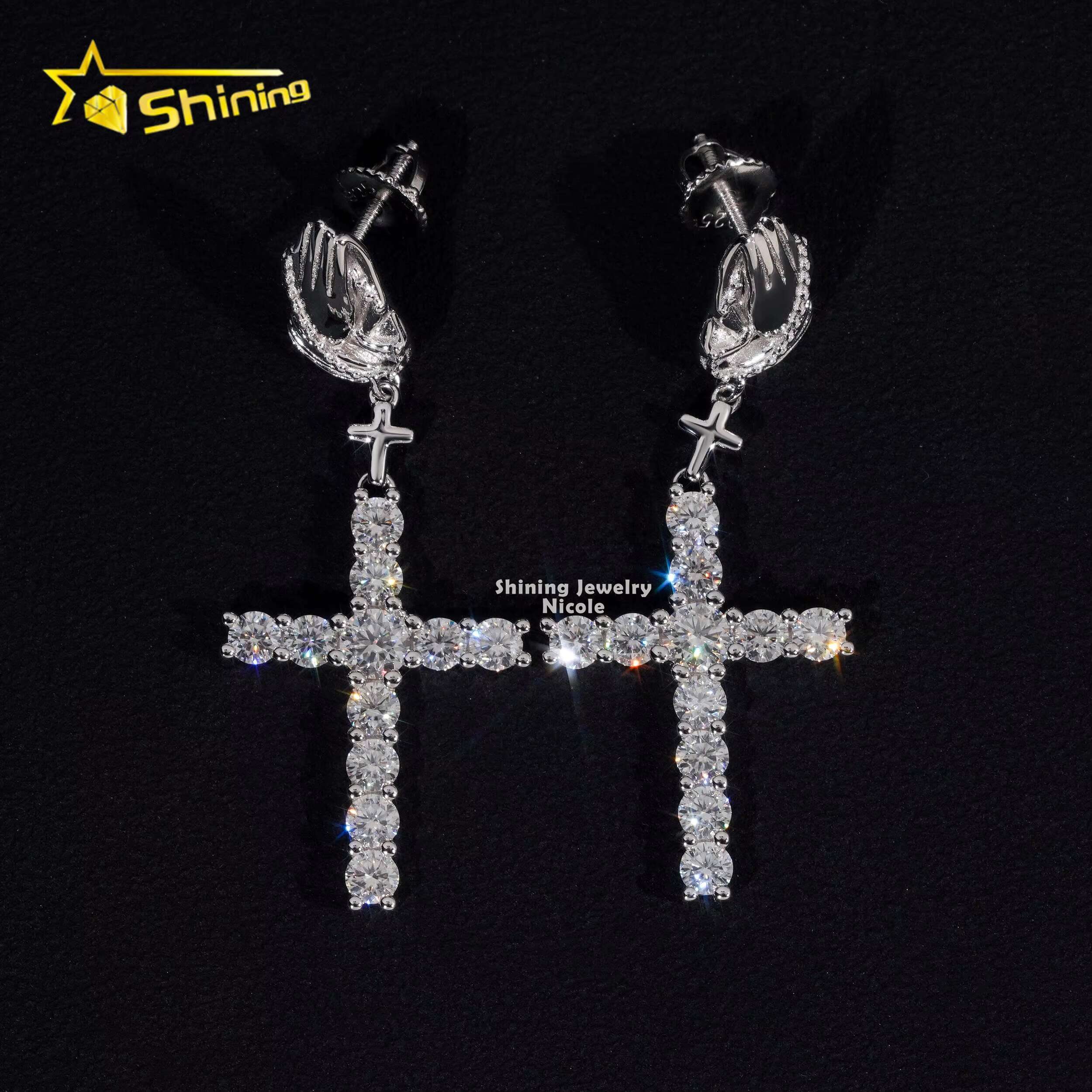 New Arrivals Hip Hop Style Cross Charms Iced Out 925 Sterling Silver Hoop Moissanite Diamond Drop Earrings