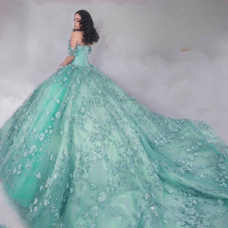 Green Shiny Princess Quinceanera Dresses Off Shoulder Sequin Applique Flower Beads Tull Corset Sweet 16 Dress Ball Gown Vestidos 15 De Anos