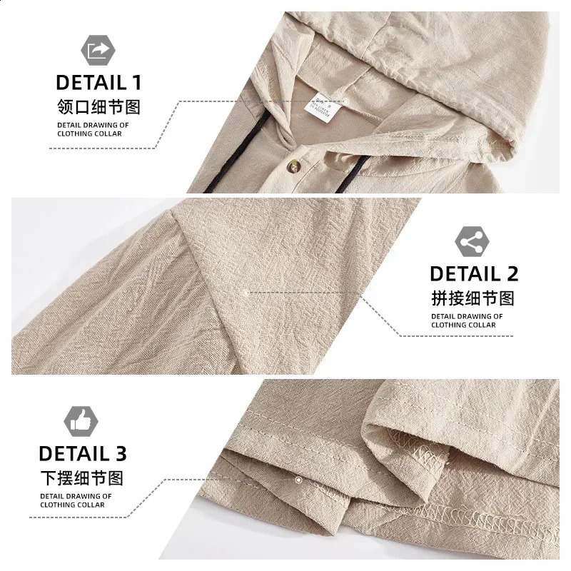 2025 Spring and Summer Mens Hooded T-shirt Solid Color Cotton Linen Mens Casual Long-sleeved Top 250411