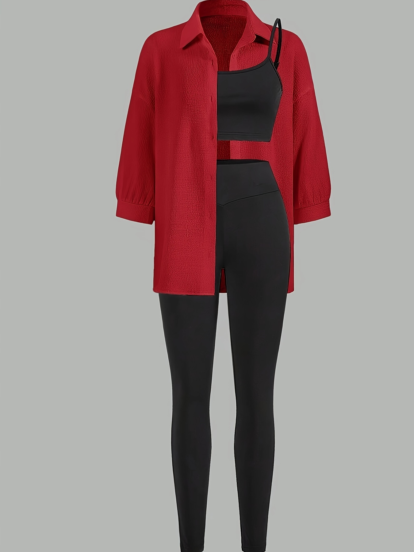 Women's Shirt Inner Wear Three-Piece Set, Casual Fashion Comfortable Outfit, Red Shirt with Black Camisole & Leggings, Versatile for Daily & Leis