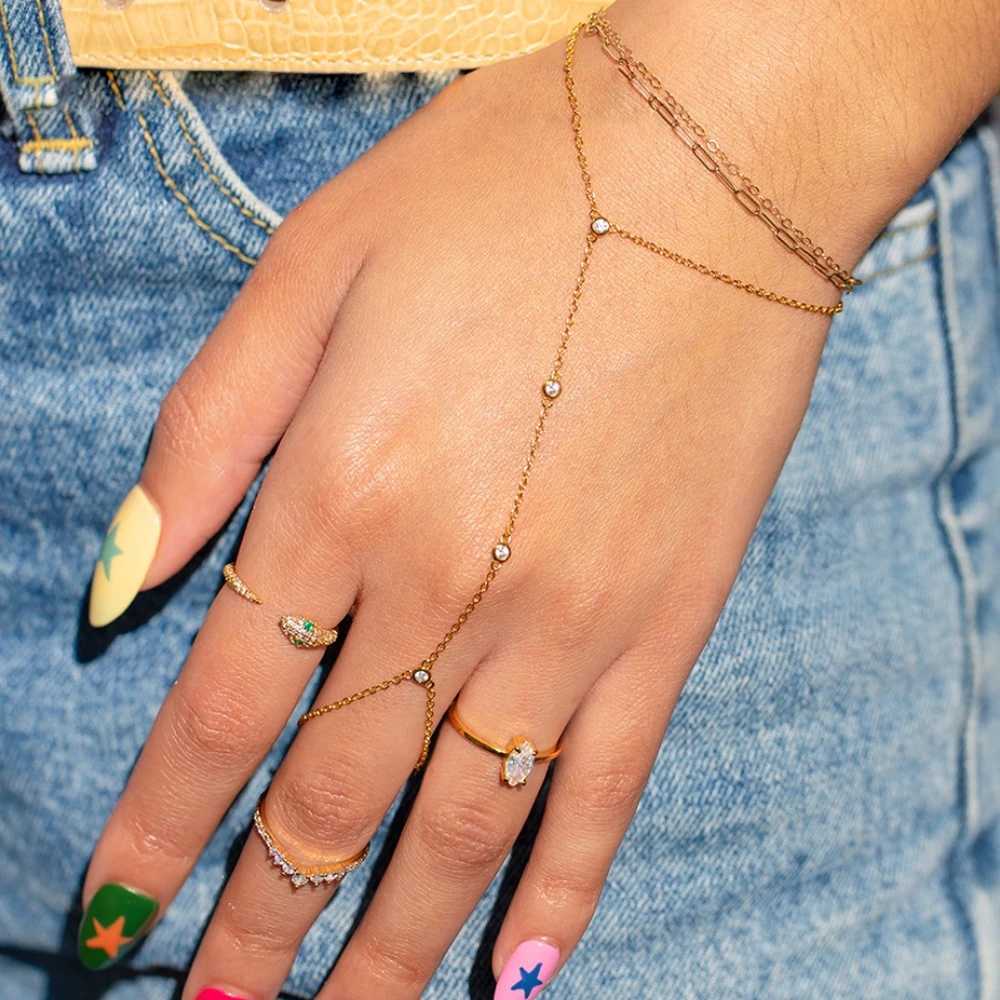 Stainless Steel New Style Punk Finger Ring Bracelet Hand Back Chain Jewelry Conjoined BraceletC250411