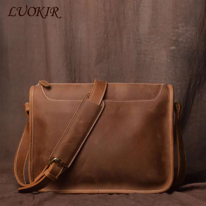 LUOKIR Men's Vintage Crazy Horse Cowhide Crossbody Simple Casual Genuine Leather Shoulder Messenger Bag For 12.9 Inch Ipad